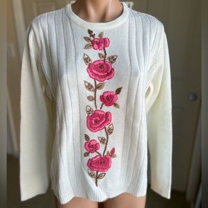 Vintage Adrian Jilofield Cream Pink Floral Stripe Crewneck Sweater